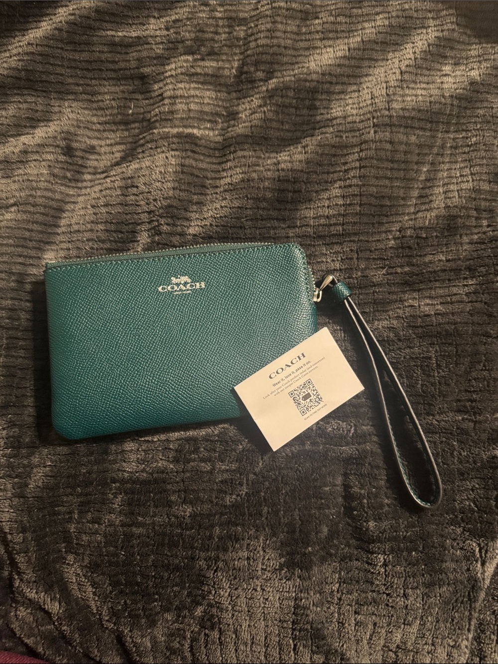 Coach Teal Pebbled Leather Zip Wristlet with Detachable Strap
